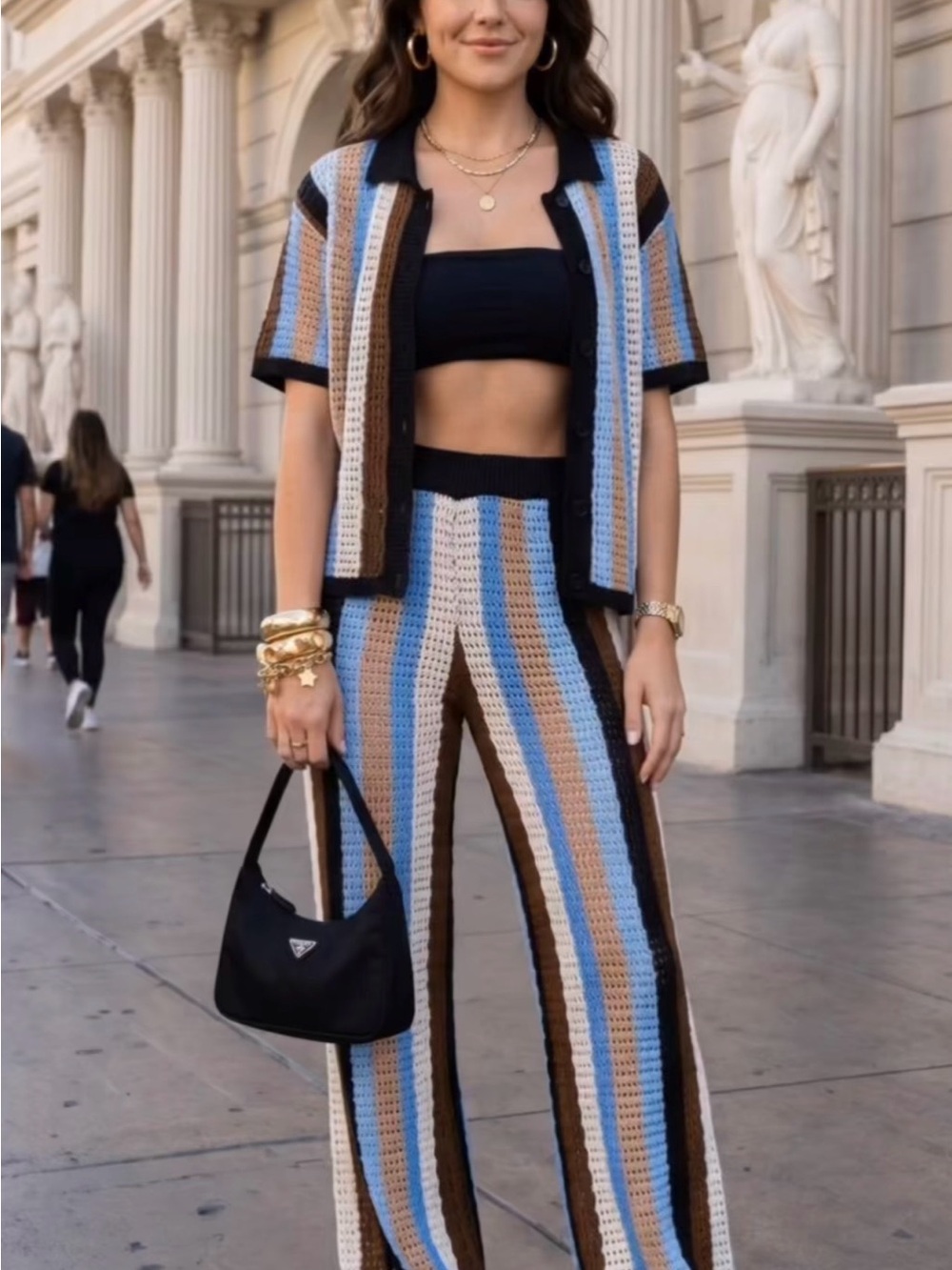 Fashion Nova Striped Crochet Wide-Leg Pants — Blue, Brown & Cream XL - Picture 1 of 4